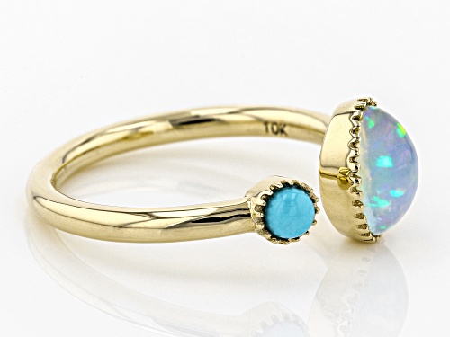 .76ct Oval Ethiopian Opal And 3mm Round Sleeping Beauty Turquoise 10k Yellow Gold Ring - Size 8