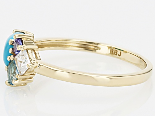 7x5mm Sleeping Beauty Turquoise, 0.48ctw Tanzanite, Swiss Blue Topaz, Zircon 10k Yellow Gold Ring - Size 8