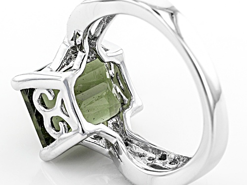 2.10ct Emerald Cut Moldavite And .23ctw Round White Zircon Sterling Silver Ring - Size 11