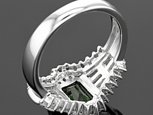 1.76ctw Emerald Cut Chrome Diopside, .02ctw 2 Green Diamond Accent, 1.53ctw White Zircon Silver Ring - Size 12
