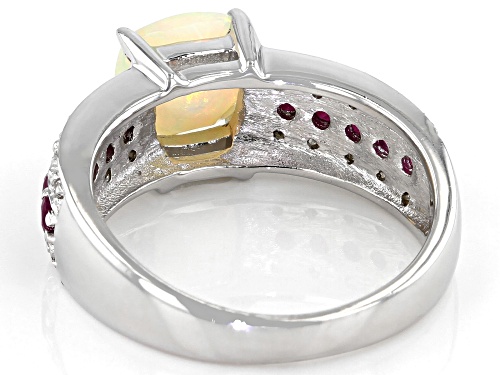 .77ct Square Cushion Ethiopian Opal, .43ctw Round Ruby And .12ctw Round White Zircon Silver Ring - Size 8