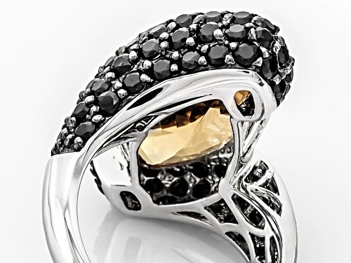 10.20ct Marquise Champagne Quartz With 2.12ctw Round Black Spinel Sterling Silver Ring - Size 5