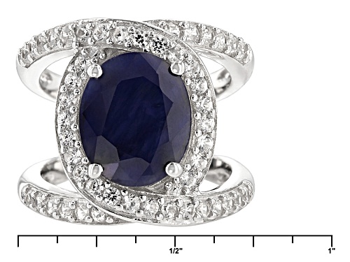 3.40ct Oval Blue Sapphire With .86ctw Round White Zircon Rhodium Over Sterling Silver Ring - Size 9