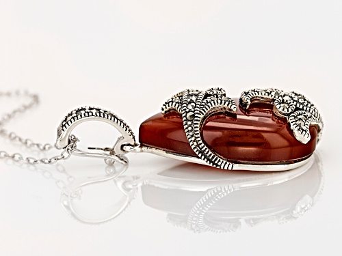 Pear Shape Red Agate With Round Marcasite Sterling Silver Enhancer With Chain