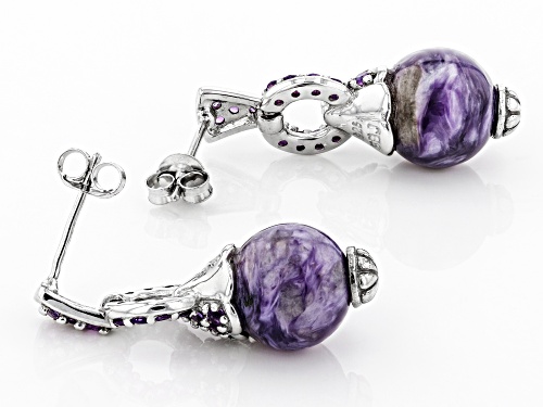 10MM ROUND CHAROITE BEAD WITH .59CTW ROUND AFRICAN AMETHYST RHODIUM OVER SILVER EARRINGS