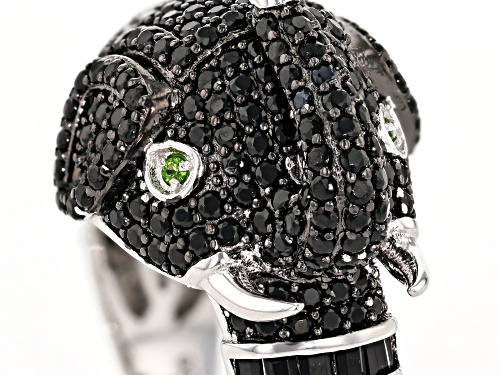 3.22ctw Baguette & Round Black Spinel with .02ctw Chrome Diopside Rhodium Over Silver Elephant Ring - Size 7