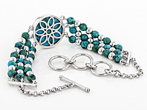 16mm Round Cabochon and 4mm Round Turquoise Rhodium Over Sterling Silver Bead Bracelet - Size 7.25
