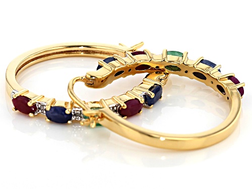 2.60ctw Ruby, Blue Sapphire & Emerald With .05ctw Diamond Accent 18k Gold Over Silver Hoop Earrings