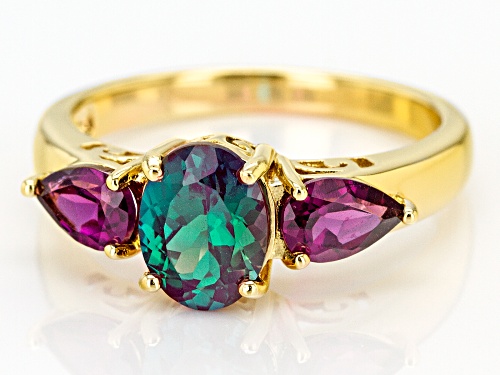 1.23ct Lab Created Alexandrite & .86ctw Raspberry Color Rhodolite 18k Gold Over Silver 3-Stone Ring - Size 8