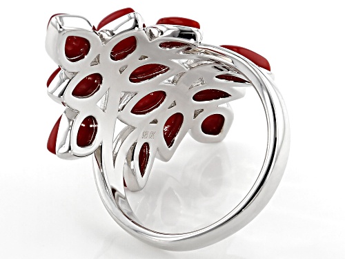 6x4mm & 5x3mm Pear Shape Red Coral Rhodium Over Sterling Silver Bypass Ring - Size 7