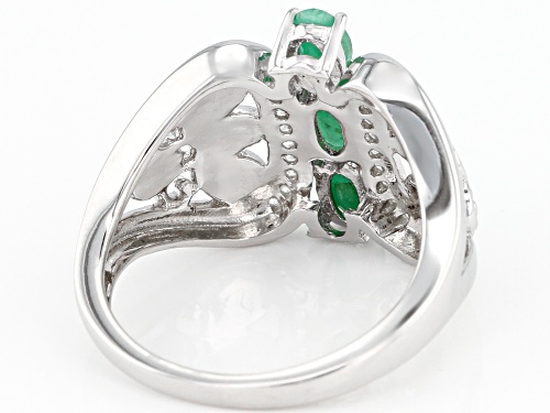 .56CTW OVAL ZAMBIAN EMERALD WITH .15CTW WHITE ZIRCON RHODIUM OVER SILVER 3-STONE RING - Size 8