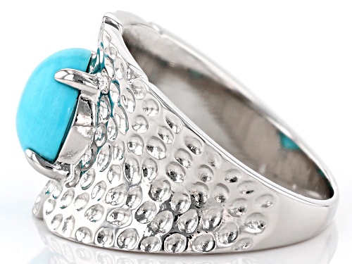 9mm Round Sleeping Beauty Turquoise Solitaire Rhodium Over Sterling Silver Hammered Finish Ring - Size 7