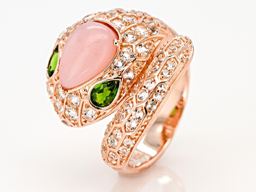 Pear Shape Peruvian Pink Opal, 1.65ctw Chrome Diopside & White Topaz 18k Gold Over Silver Snake Ring - Size 7