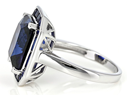 7.33CTW RECTANGULAR OCTAGONAL/BAGUETTE LAB CREATED BLUE SAPPHIRE RHODIUM OVER SILVER RING - Size 7