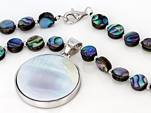 6mm & 28mm Round Abalone Shell Slice, Sun Burst Design Pendant Silver Bead Necklace - Size 20