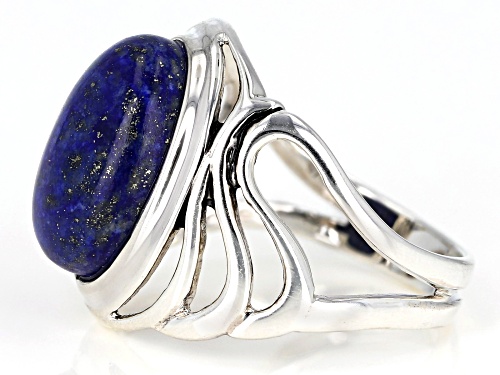 14X10MM OVAL CABOCHON LAPIS LAZULI RHODIUM OVER STERLING SILVER SOLITAIRE RING - Size 8