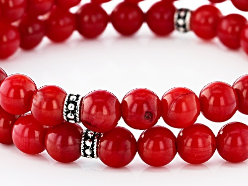 Artisan Collection Of Turkey™ 6mm Round Red Coral Sterling Silver Bed Double Strand Stretch Bracelet