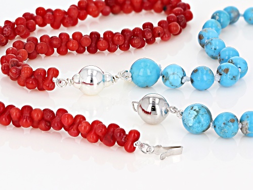 Sleeping Beauty Turquoise And Coral Bead Silver Necklace - Size 20