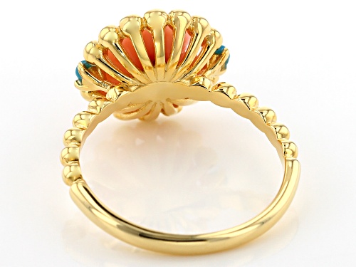 Pink Coral Rose & Sleeping Beauty Turquoise 18k Gold Over Silver Ring - Size 12