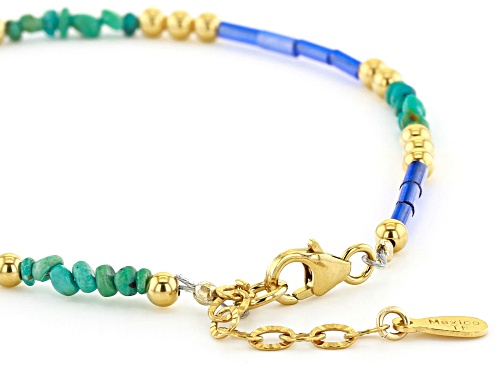 Tehya Oyama Turquoise™ Green Kingman Turquoise, Blue Glass, 18k Gold Over Silver Bead Bracelet - Size 7.5