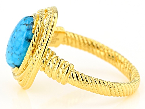 Tehya Oyama Turquoise™ 8x10mm Oval Kingman Turquoise Solitaire 18k Gold Over Silver Textured Ring - Size 9
