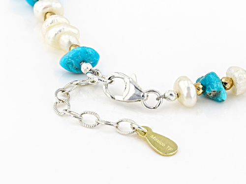 Sleeping Beauty Turquoise With Cultured FWP & Hematine Silver Bracelet - Size 7.5