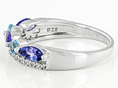 0.64ctw Tanzanite with 0.24ctw Swiss Blue Topaz and 0.27ctw White Zircon Rhodium Over Silver Ring - Size 9