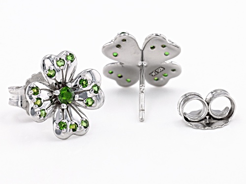 0.62ctw Round Chrome Diopside Rhodium Over Sterling Silver Four Leaf Clover Stud Earrings