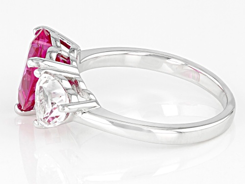 3.35ct Heart Lab Created Pink & 0.95ctw Lab White Sapphire Rhodium Over Sterling Silver 2-Stone Ring - Size 9