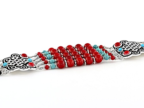 Global Destinations™ Coral, Turquoise, & Black Spinel Rhodium Over Silver Multi-Strand Bead Bracelet - Size 7.25