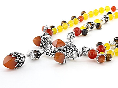 Global Destinations™ Yellow & Red Onyx With Brown Tiger's Eye Rhodium Over Silver Bead Necklace - Size 18