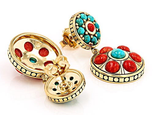 Global Destinations™ Red Sponge Coral and Turquoise 18k Yellow Gold Over Brass Earrings
