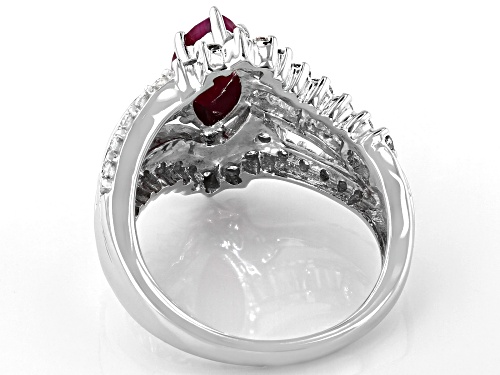 1.30ct Mozambique Ruby With 1.00ctw Round And Baguette White Diamond 10k White Gold Cocktail Ring - Size 6