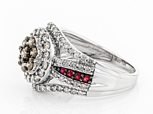 1.30ctw Round Champagne & White Diamond And 0.15ctw Round Burmese Ruby 10K White Gold Cluster Ring - Size 8