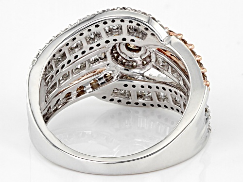 1.25ctw Baguette And Round White Diamond With Round Champagne Diamond 10k White Gold Crossover Ring - Size 7