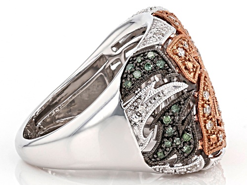 0.39ctw Round Champagne, Green And White Diamond Rhodium Over Sterling Silver Flower Cocktail Ring - Size 5