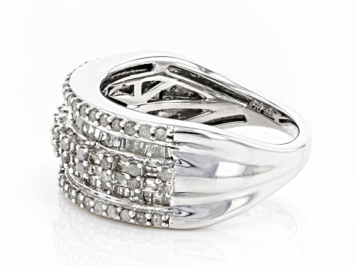 1.10ctw Round And Baguette White Diamond Rhodium Over Sterling Silver Wide Band Ring - Size 6