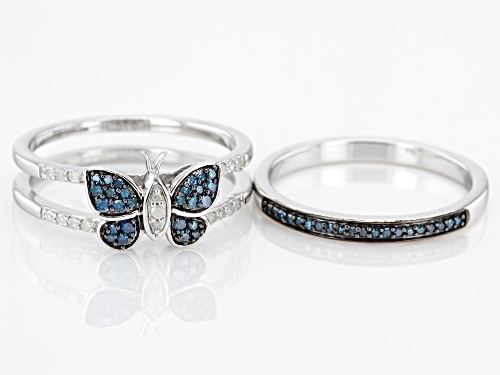 0.25ctw Round Blue Velvet Diamonds™ And White Diamond Rhodium Over Sterling Silver Butterfly Ring - Size 6