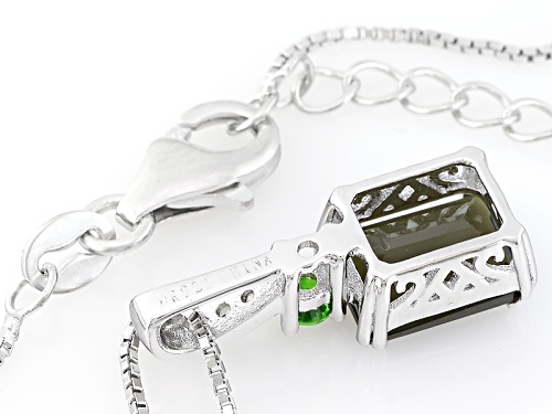 1.45ct Emerald Cut Moldavite, .09ct Chrome Diopside, & .05ctw White Zircon Silver Pendant With Chain