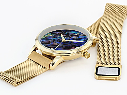 Ladies Watch With Abalone Dial Gold Tone Stainless Steel Mesh Band With Magnetic Clasp