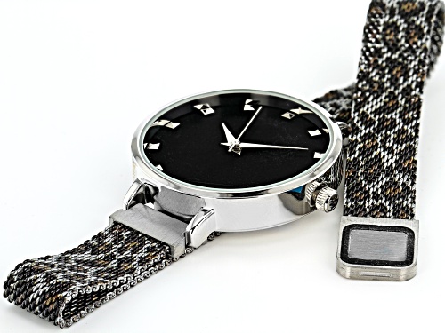 Ladies Silver Tone & Animal Print Stainless Steel Mesh Band Watch With Magnetic Clasp
