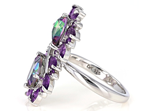 2.55ctw Pear Shape Mystic Fire(R) Green Topaz, 1.22ctw Amethyst Rhodium Over Silver Bypass Ring - Size 7