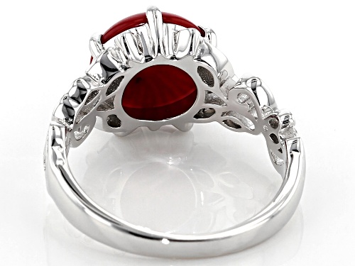 10MM ROUND CABOCHON RED CORAL RHODIUM OVER STERLING SILVER RING - Size 7