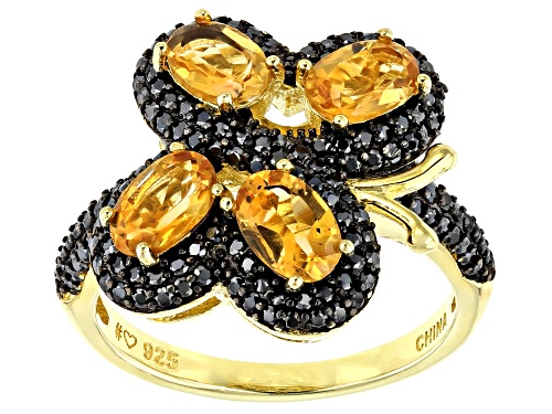 1.60CTW OVAL BRAZILIAN CITRINE & .98CTW BLACK SPINEL 18K YELLOW GOLD OVER SILVER BUTTERFLY RING - Size 11