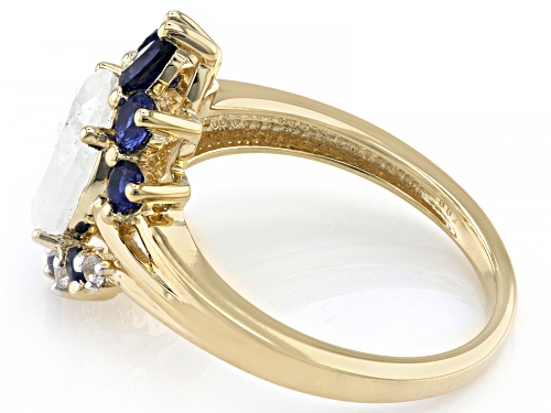 9x7mm Rainbow Moonstone, 0.91ctw Lab Blue & White Sapphire 18k Yellow Gold Over Sterling Silver Ring - Size 10