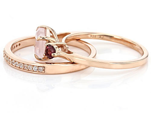 7x5mm Rose Quartz, 0.22ctw Rhodolite & White Zircon 18k Rose Gold Over Sterling Silver Ring Set - Size 9