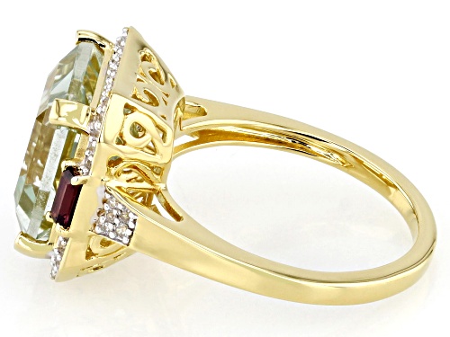 5.31ct Prasiolite, 0.29ctw Rhodolite, 0.30ctw White Zircon 18k Yellow Gold Over Sterling Silver Ring - Size 10