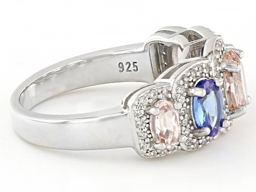 0.87ctw Morganite, 0.76ctw Tanzanite, 0.56ctw White Zircon Rhodium Over Sterling Silver Ring - Size 9