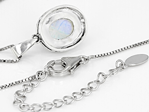 10x8mm Oval Hand Carved Rainbow Moonstone Rhodium Over Sterling Silver Pendant with Chain