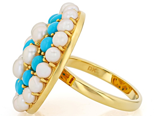 Sleeping Beauty Turquoise With Cultured Seed Pearl 18k Yellow Gold Over Sterling Silver Ring - Size 7